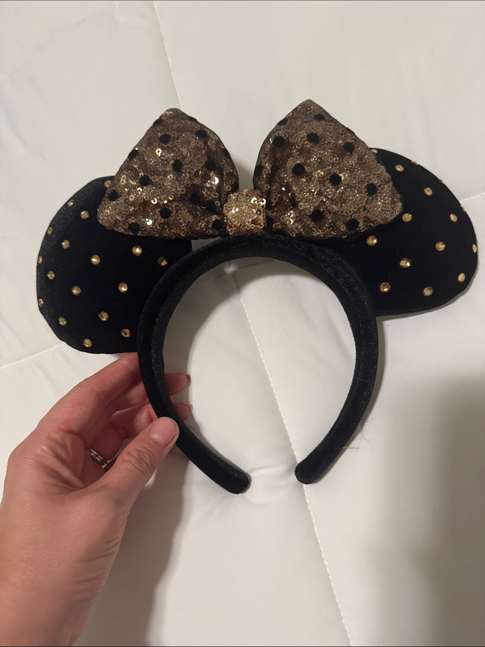 Black Minnie Ears Headband with Gold Sequin Bow